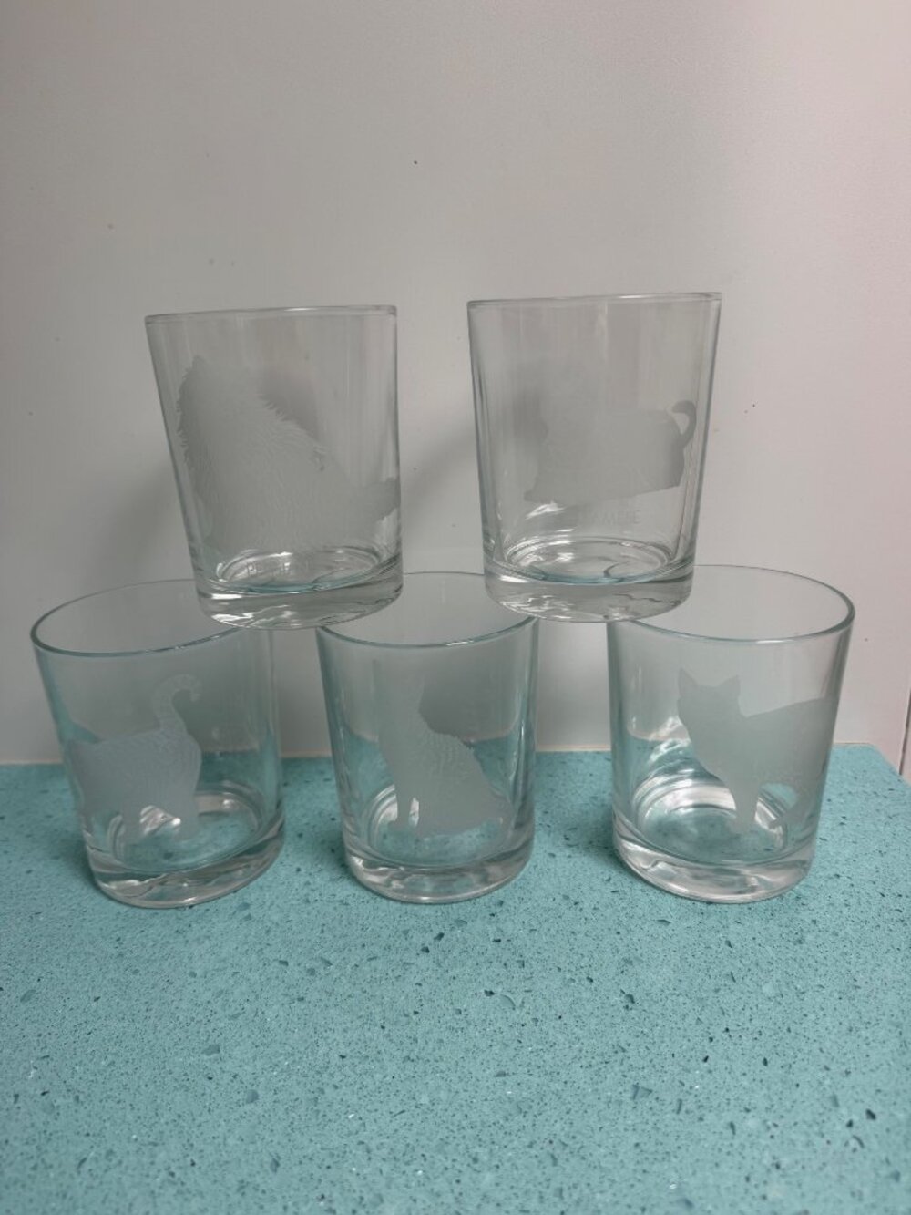 Sakowitz Set of 5 Frosted Etched Cats Glasses One size France Vintage Rare